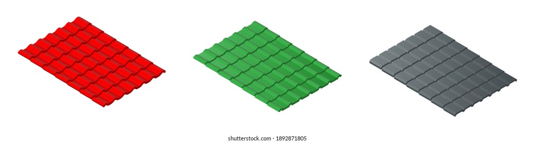 Isometric vector illustration corrugated tile elements of roof isolated on white background. Realistic corrugated metal tiles for roof covering vector icons in flat cartoon style. Building materials.