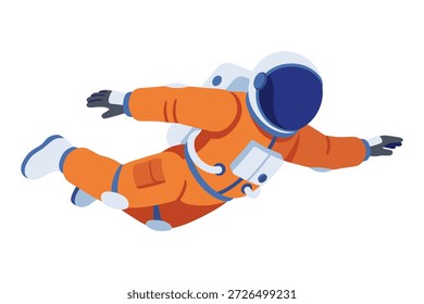 Ilustración vectorial isométrica del cosmonauta. Personaje del explorador espacial. Hombre del espacio en traje naranja. Vuelo sin peso.
