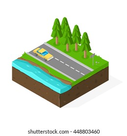 Isometric vector illustration Countryside Road Drive. Driving through a rural landscape.