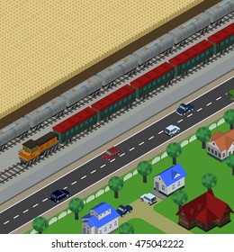 Isometric vector illustration of countryside in top perspective view, cornfield , cars, roads, trees, buildings, train, railway