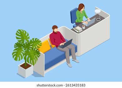 An isometric vector illustration of a coworking space with a man and woman working on laptops at a stylish shared desk, surrounded by books, coffee, and a large green plant, promoting modern remote