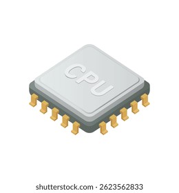 Isometric vector illustration of a CPU chip with gold connectors on a white background, ideal for technology and computing concepts.