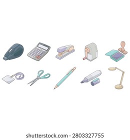 Isometric vector illustration of a creative executive planning desk collection featuring correction tape, calculator, stapler, manual pencil sharpener, ink pad with rubber stamp, ID badge with lanyard, office scissors, mechanical pencil, whiteboard marker, and adjustable desk lamp. Perfect for business administration, office planning, creative workspaces, document preparation, productivity concepts, corporate stationery, office organization, and workplace design projects.