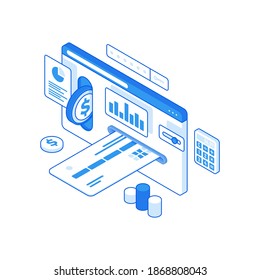 Isometric vector illustration of credit card and dollar coin inserted into electronic device with charts on screen and password icon for online payments and transactions concept isolated on white