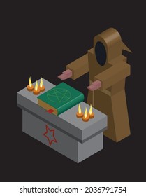 Isometric vector illustration of a cultist in a brown monk robe standing by the altar. Occult mess, dark fantasy, halloween, black magic low poly concept.