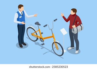 An isometric, vector illustration of a customer talking to a bicycle shop employee while considering the purchase of a yellow city bike.
