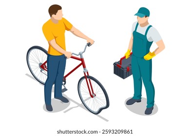 An isometric vector illustration of a cyclist with a damaged red bike consulting a repair technician holding a toolbox, depicting a 3D bicycle maintenance scene.