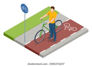 An isometric, vector illustration of a cyclist standing on a designated bicycle path. The red cycling lane is marked with a bike sign and road markings for safe urban transport