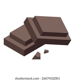 Isometric vector illustration of a dark chocolate bar breaking into pieces