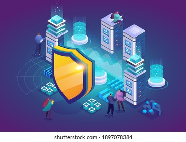 Isometric vector illustration of database protection concept, digital device privacy system. Malware security software. Hacker attack and unauthorized access protection.  Technicians in server room.