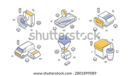 Isometric vector illustration for delivery and e-commerce. Icons for online shopping, logistics, and package tracking. Modern graphic elements for fast shipping and distribution