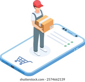 Isometric vector illustration of a delivery man holding a package standing on a smartphone screen with a shopping cart icon. Represents online shopping, delivery services, e-commerce.