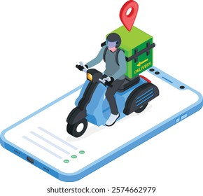 Isometric vector illustration of a delivery man on a scooter with a food delivery box and location pin, displayed on a smartphone screen. Represents food delivery services, online ordering, mobile app