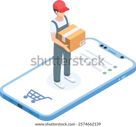 Isometric vector illustration of a delivery man holding a package standing on a smartphone screen with a shopping cart icon. Represents online shopping, delivery services, e-commerce.