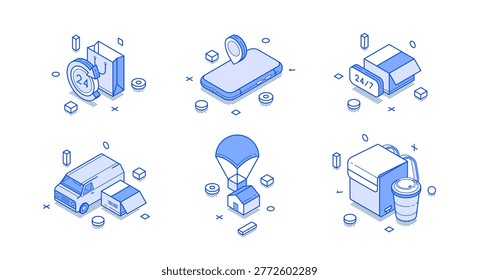 Isometric vector illustration of delivery service concepts. Shipping, logistics, and e-commerce symbols for web and mobile apps. Blue line art for online shopping and fast courier design