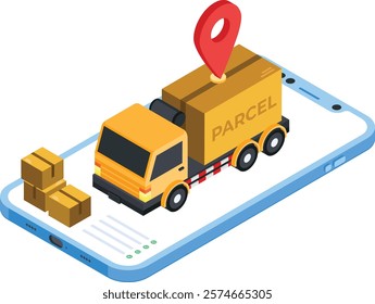 Isometric vector illustration of a delivery truck carrying a large parcel, displayed on a smartphone screen with smaller boxes nearby. Represents online delivery services, e-commerce, mobile apps.