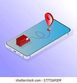 Isometric vectorial ilustración de la camioneta de entrega y puntero de ubicación en la interfaz de diseño UI/UX de smartphone, espacio de copia