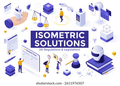 Isometric vector illustration depicting artificial intelligence regulations and legislation. Shows concepts of AI control, security, legal documents, and individuals engaging with these elements.