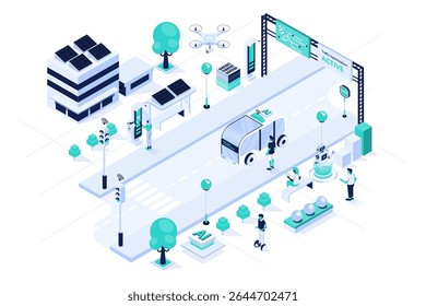 Isometric vector illustration depicting artificial intelligence in public transportation. The scene shows a smart bus managed by AI systems, passengers using mobile apps, and a high-tech control tower