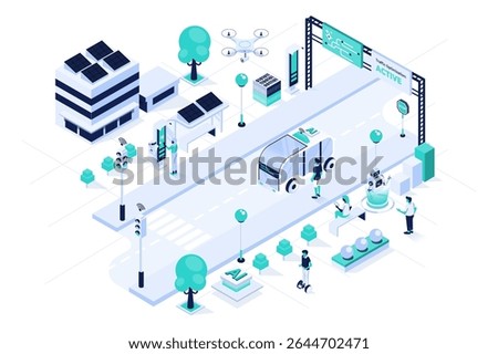 Isometric vector illustration depicting artificial intelligence in public transportation. The scene shows a smart bus managed by AI systems, passengers using mobile apps, and a high-tech control tower
