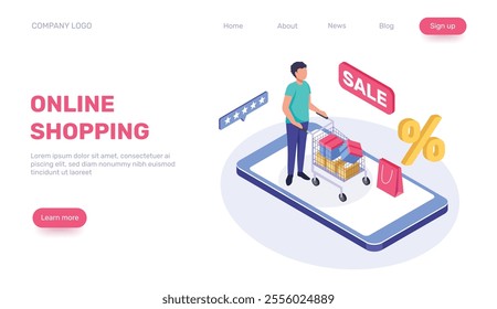 Isometric vector illustration depicting a customer pushing a shopping cart on a smartphone, highlighting online shopping, discounts, and a five star customer satisfaction rating