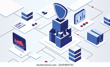 An isometric vector illustration depicting data security, network protection, and information management within a digital infrastructure, featuring servers, shields, and interconnected elements.
