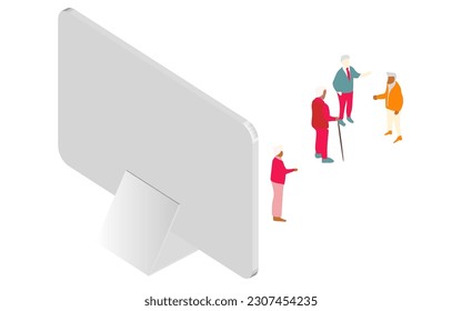isometric vector illustration depicting elderly individuals using smartphones and social media to connect, showcasing the future of healthcare and innovative technological solutions