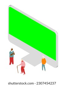 isometric vector illustration depicting elderly individuals using smartphones and social media to connect, showcasing the future of healthcare and innovative technological solutions