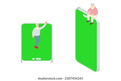 isometric vector illustration depicting elderly individuals using smartphones and social media to connect, showcasing the future of healthcare and innovative technological solutions