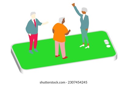 isometric vector illustration depicting elderly individuals using smartphones and social media to connect, showcasing the future of healthcare and innovative technological solutions