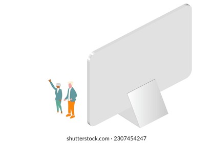isometric vector illustration depicting elderly individuals using smartphones and social media to connect, showcasing the future of healthcare and innovative technological solutions