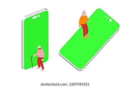 isometric vector illustration depicting elderly individuals using smartphones and social media to connect, showcasing the future of healthcare and innovative technological solutions