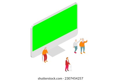 isometric vector illustration depicting elderly individuals using smartphones and social media to connect, showcasing the future of healthcare and innovative technological solutions