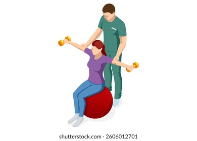 Isometric vector illustration depicting female patient on fitness ball performing strength rehabilitation exercises with dumbbells, guided by therapist.