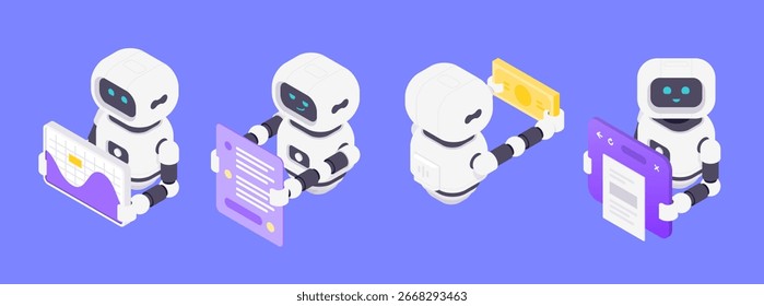 Ilustración vectorial isométrica que representa a cuatro robots de IA que analizan datos, se comunican a través de chat, administran finanzas e interactúan con interfaces de Web que enfatizan la inteligencia artificial