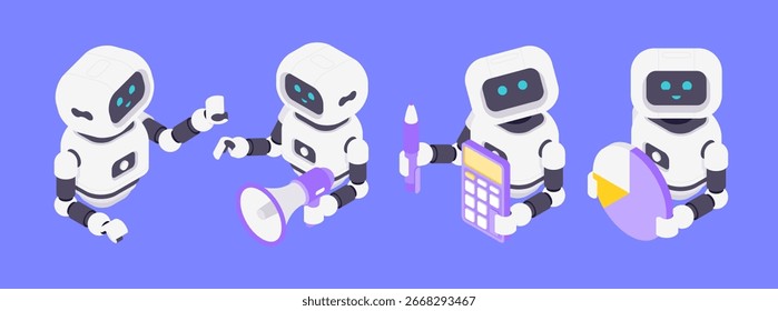 Ilustración vectorial isométrica que representa a cuatro robots de IA que manejan la comunicación, el procesamiento del habla, el análisis de datos y la visualización de información