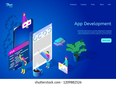 Isometric vector illustration depicting mobile app development process. Web page template suitable for web graphic design. Picture showing team of developers working on mobile application. 