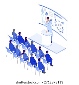 Una Ilustración vectorial isométrica que representa una escena donde un médico da conferencias sobre DX (transformación digital) médica y muchos asistentes aprenden. Adecuado para capacitación, educación, seminarios y materiales explicativos para profesionales de la salud.