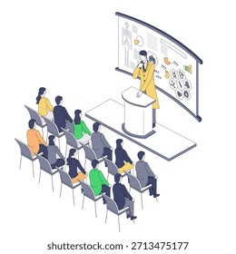Una Ilustración vectorial isométrica que representa una escena donde un médico da conferencias sobre DX (transformación digital) médica y muchos asistentes aprenden. Adecuado para capacitación, educación, seminarios y materiales explicativos para profesionales de la salud.