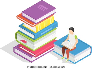 Isometric vector illustration depicting a student engaged in reading and studying on a giant book, surrounded by a stack of books, symbolizing the journey of learning and knowledge acquisition