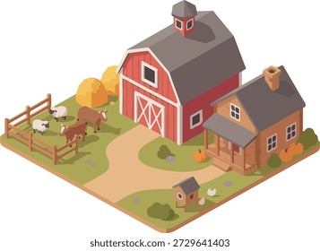 An isometric vector illustration depicts a charming farmstead featuring a traditional red barn, a cozy brown farmhouse with a porch, a fenced pasture containing sheep and cows, hay bales, a birdhouse