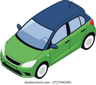 Una Ilustración vectorial isométrica representa un automóvil hatchback moderno, prominentemente con un cuerpo verde vibrante y un techo azul oscuro en contraste. El vehículo se ve desde una perspectiva de arriba hacia abajo, en ángulo, mostrando sus líneas limpias y su diseño compacto. Tiene ventanas teñidas de azul claro, espejos laterales y una antena visible en el techo. Las ruedas son blancas con bujes oscuros. Este gráfico se presenta sobre un fondo blanco limpio, enfatizando los colores brillantes del automóvil y la estética contemporánea, adecuada para varios proyectos de diseño relacionados con el transporte o los viajes.
