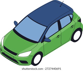Uma ilustração vetorial isométrica retrata um carro hatchback moderno, destacando um corpo verde vibrante e um telhado azul escuro contrastante. O veículo é visto de cima para baixo, perspectiva angular, mostrando suas linhas limpas e design compacto. Tem janelas azuis claras, espelhos laterais e uma antena visível no telhado. As rodas são brancas com cubos escuros. Este gráfico é apresentado em um fundo branco limpo, enfatizando as cores brilhantes do carro e estética contemporânea, adequado para vários projetos de design relacionados ao transporte ou viagens.