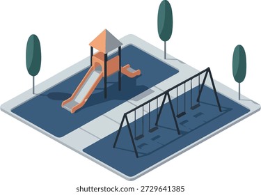 Una Ilustración vectorial isométrica representa un vibrante parque infantil con una estructura de tobogán naranja y gris, un columpio con múltiples columpios y dos árboles verdes