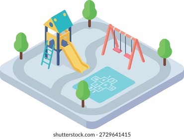 Uma ilustração vetorial isométrica retrata um playground infantil vibrante equipado com um slide colorido, um conjunto de balanço, uma quadra de amarelinha e árvores circundantes