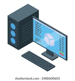 Isometric vector illustration of a desktop computer with coding interface displayed on the monitor