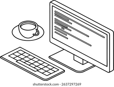 Isometric vector illustration of a desktop computer setup with coffee cup and keyboard
