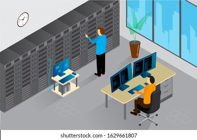 Isometric Vector Illustration diagnostic test in a server computer room. Server test in room. Servers being tested in room. Technology communication .