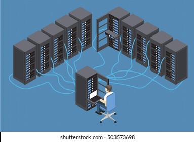 Isometric Vector Illustration diagnostic test in a server computer room.Server test in room. Technology communication. Technician using laptop in server room at the data centre. Infographics