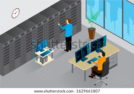 Isometric Vector Illustration diagnostic test in a server computer room. Server test in room. Servers being tested in room. Technology communication .